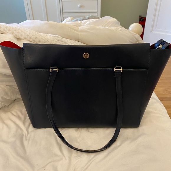 Tory Burch zip up Robinson navy blue tote with orange interior. - Picture 2 of 11